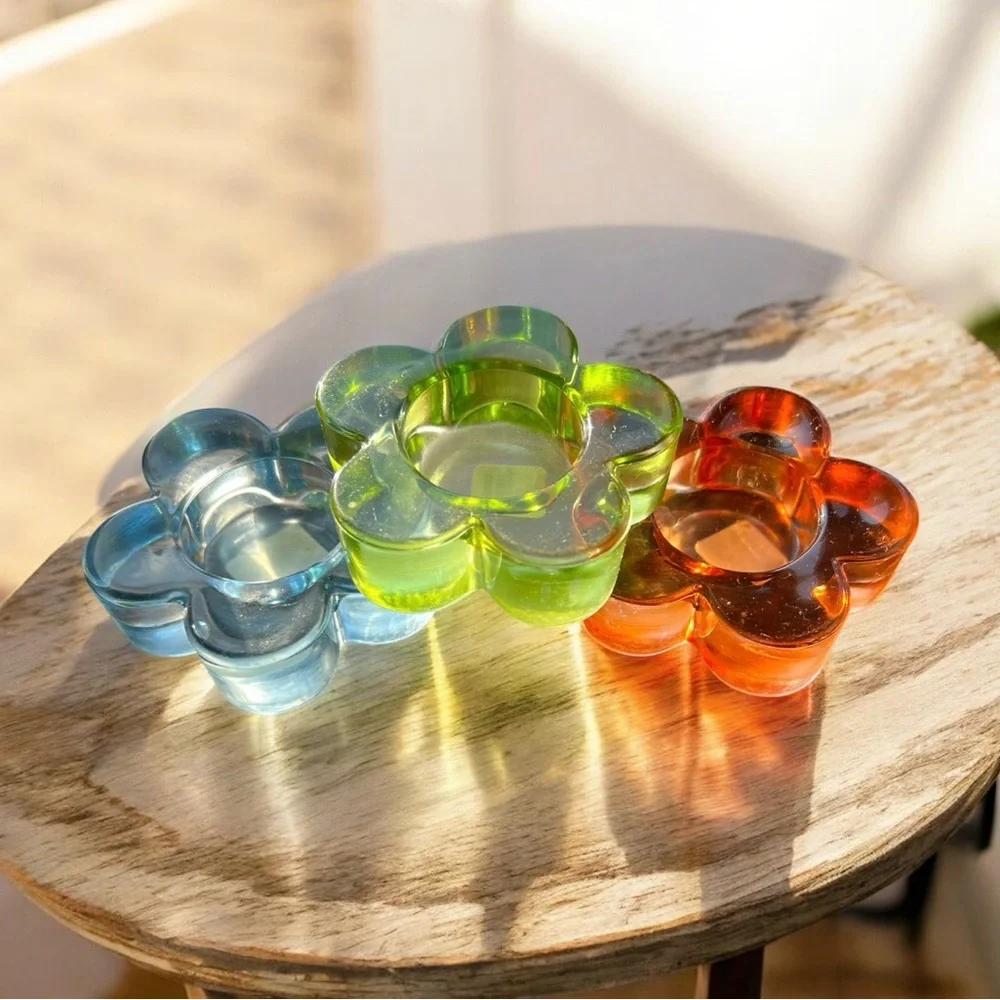 Crate&Barrel Multicolor Glass Flower Candle Holders